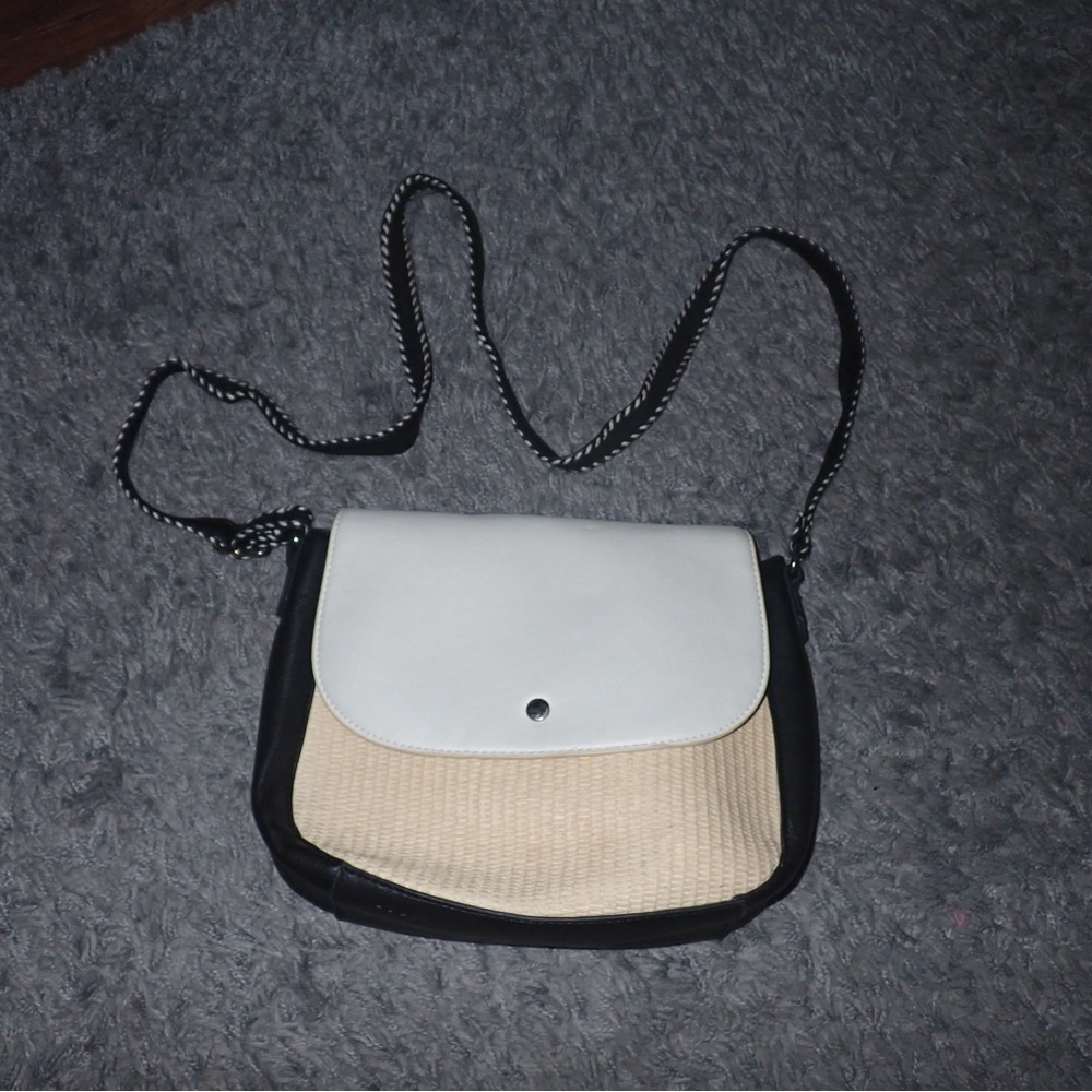 White, Black, and Tan Crossbody Bag